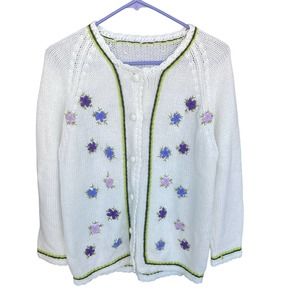 Grandma‎ Knit Cardigan Sweater Womens Large Cream Embroidered Floral